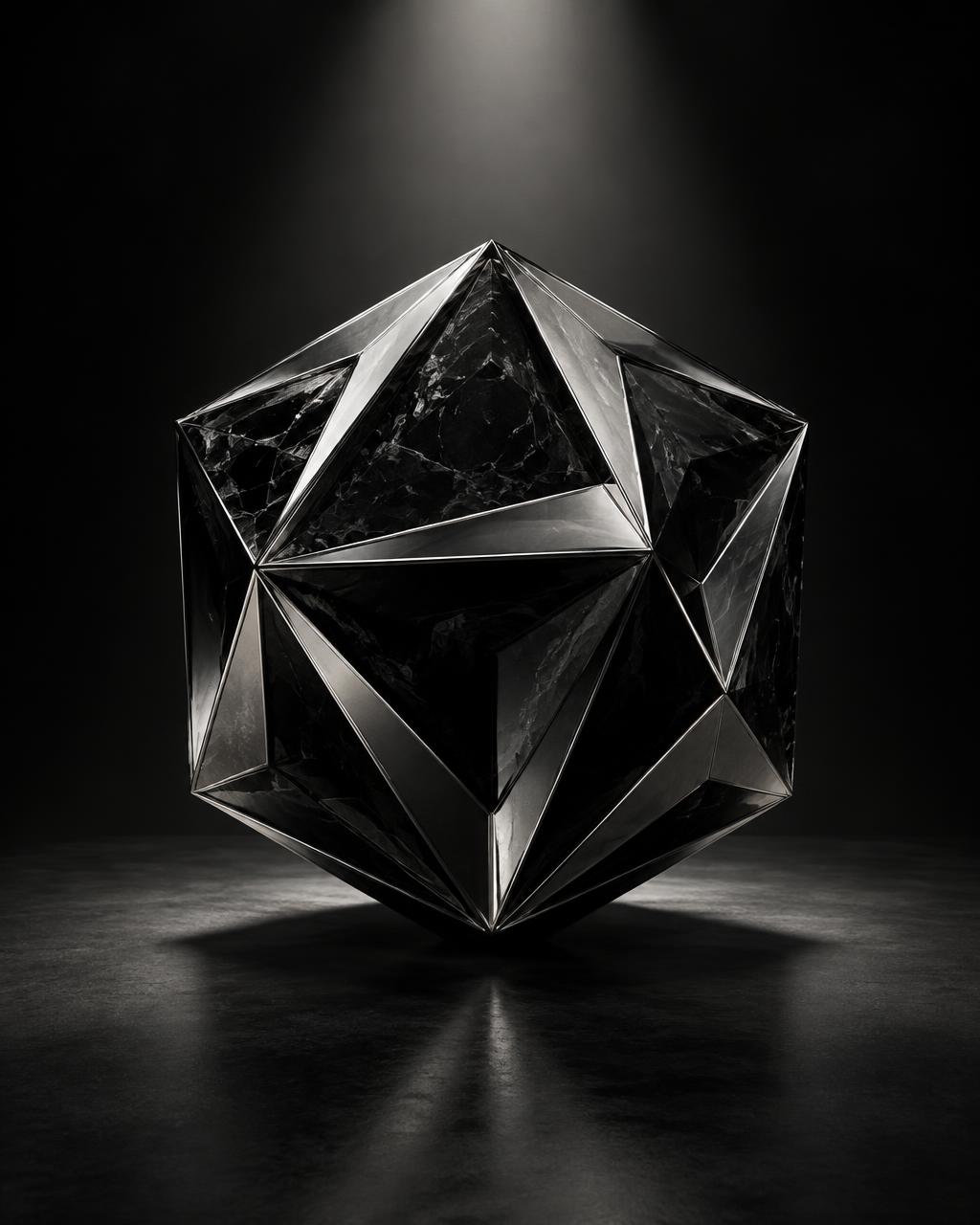 Escultura geométrica em preto e prata